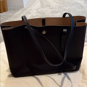 Tory Burch Black Pebbled Leather Tote with Tan Interior